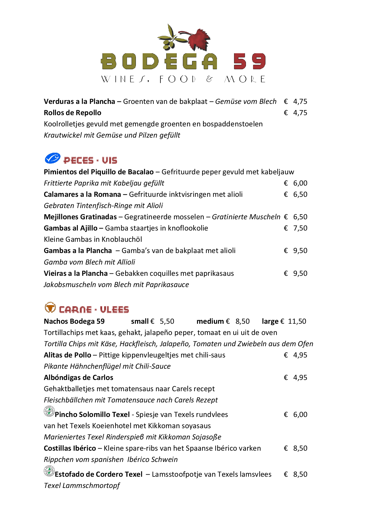 Tapas Menukaart Bodega 59 Bodega 59, De Koog Eet.nu