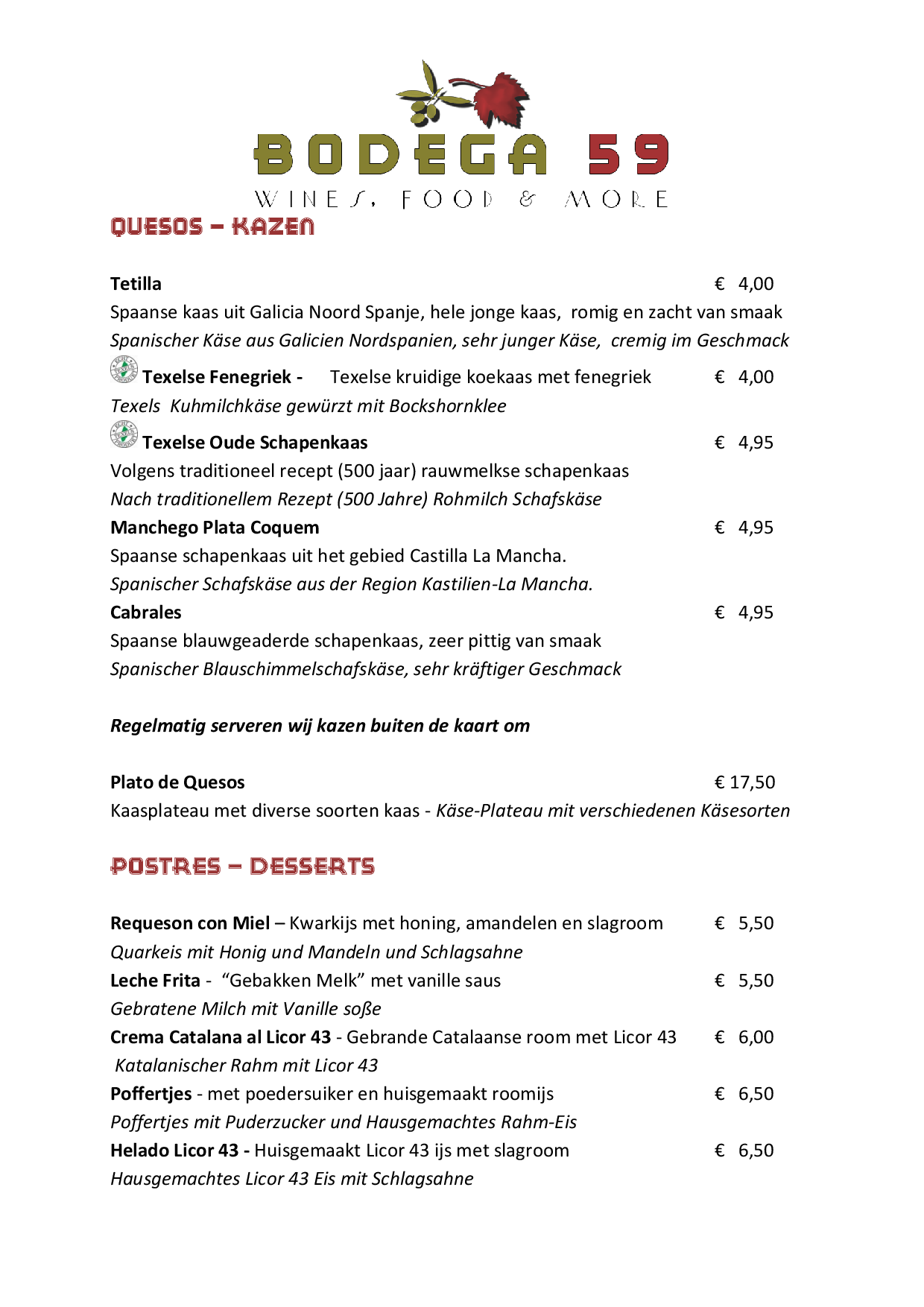 Tapas Menukaart Bodega 59 Bodega 59, De Koog Eet.nu