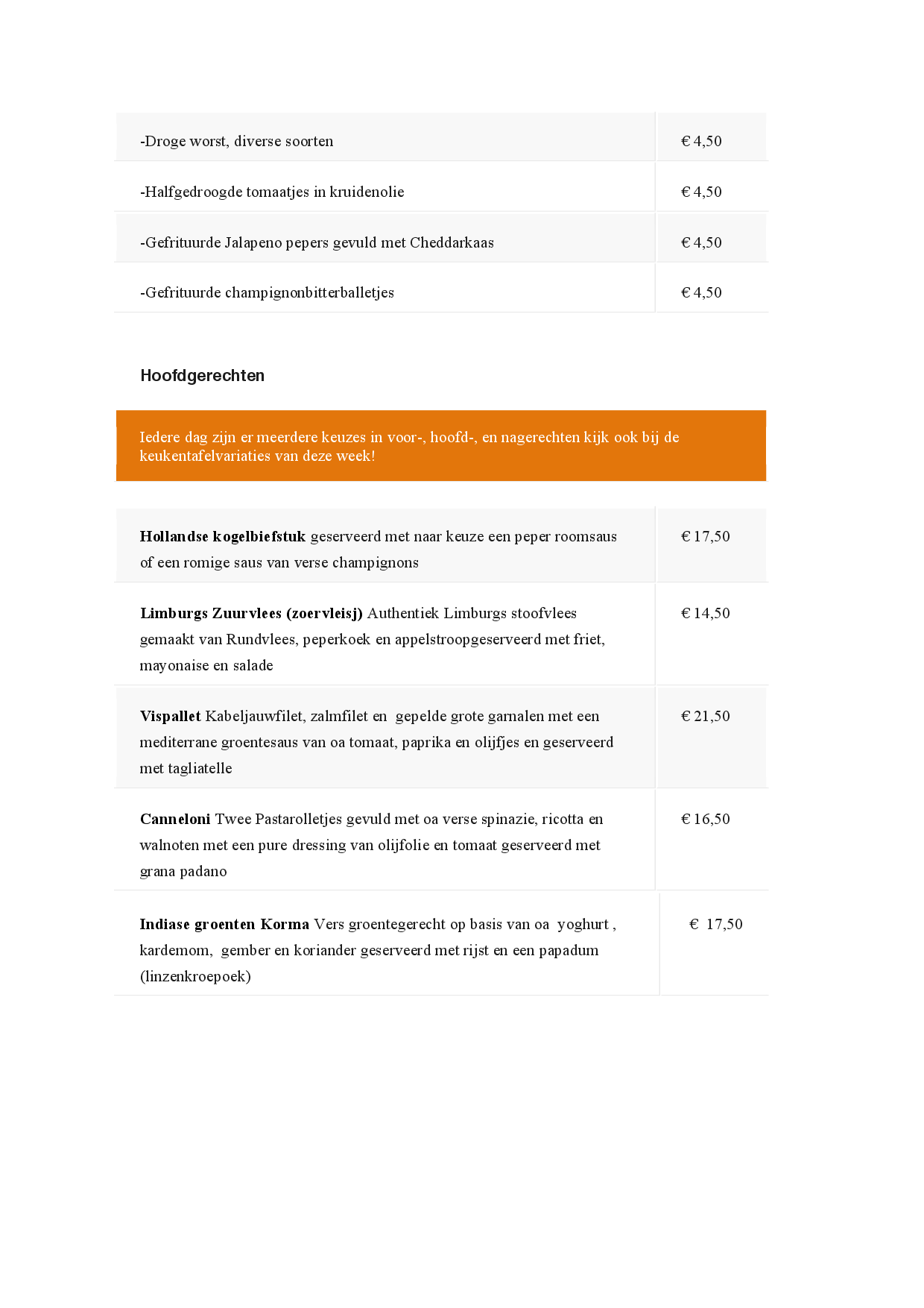 Menukaart De Pingerhoeve, Nuth Eet.nu