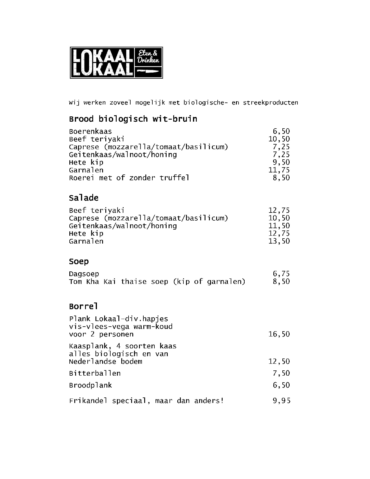 Menukaart Lokaal Lokaal, Deventer Eet.nu