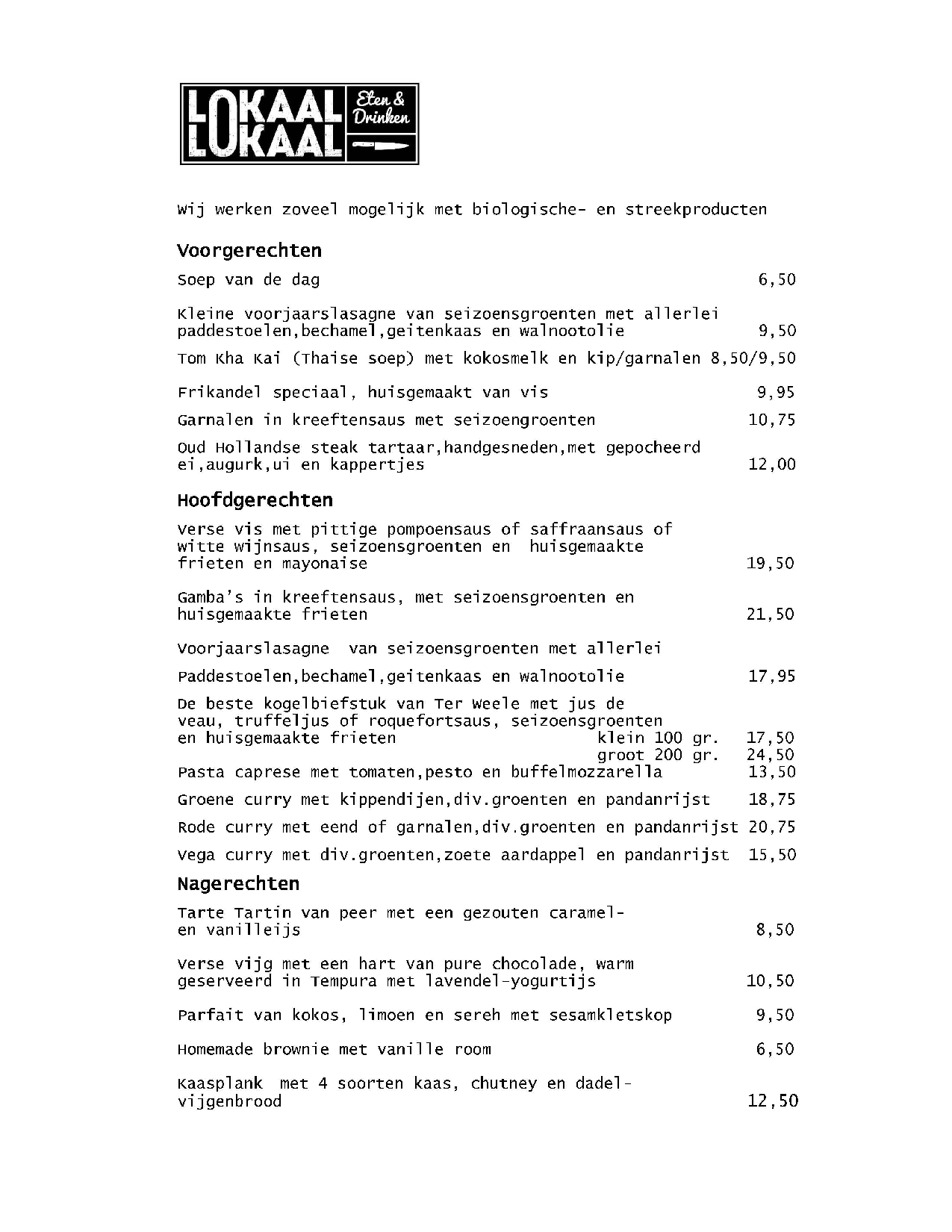 Menukaart Lokaal Lokaal, Deventer Eet.nu