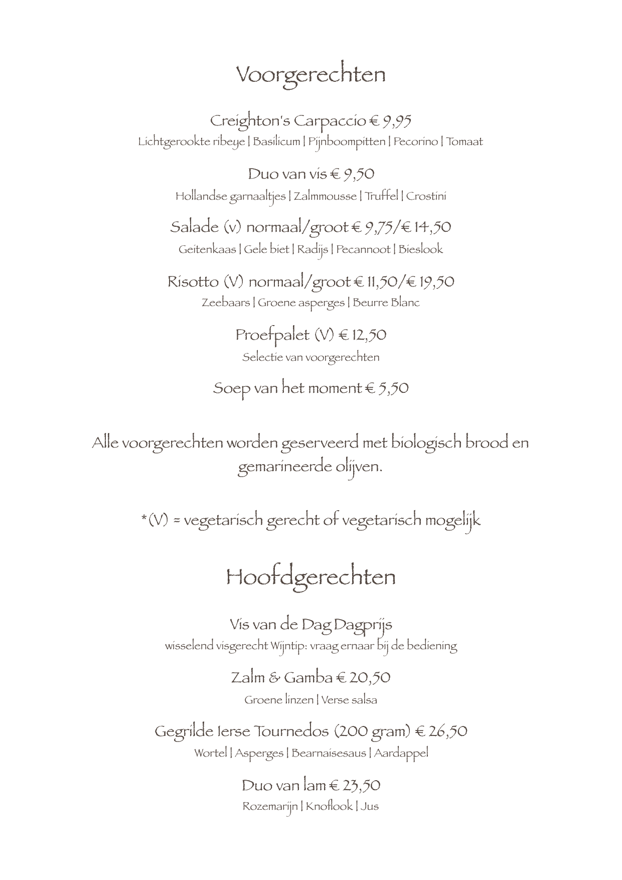 Menukaart Creighton's, Egmond aan den Hoef Eet.nu