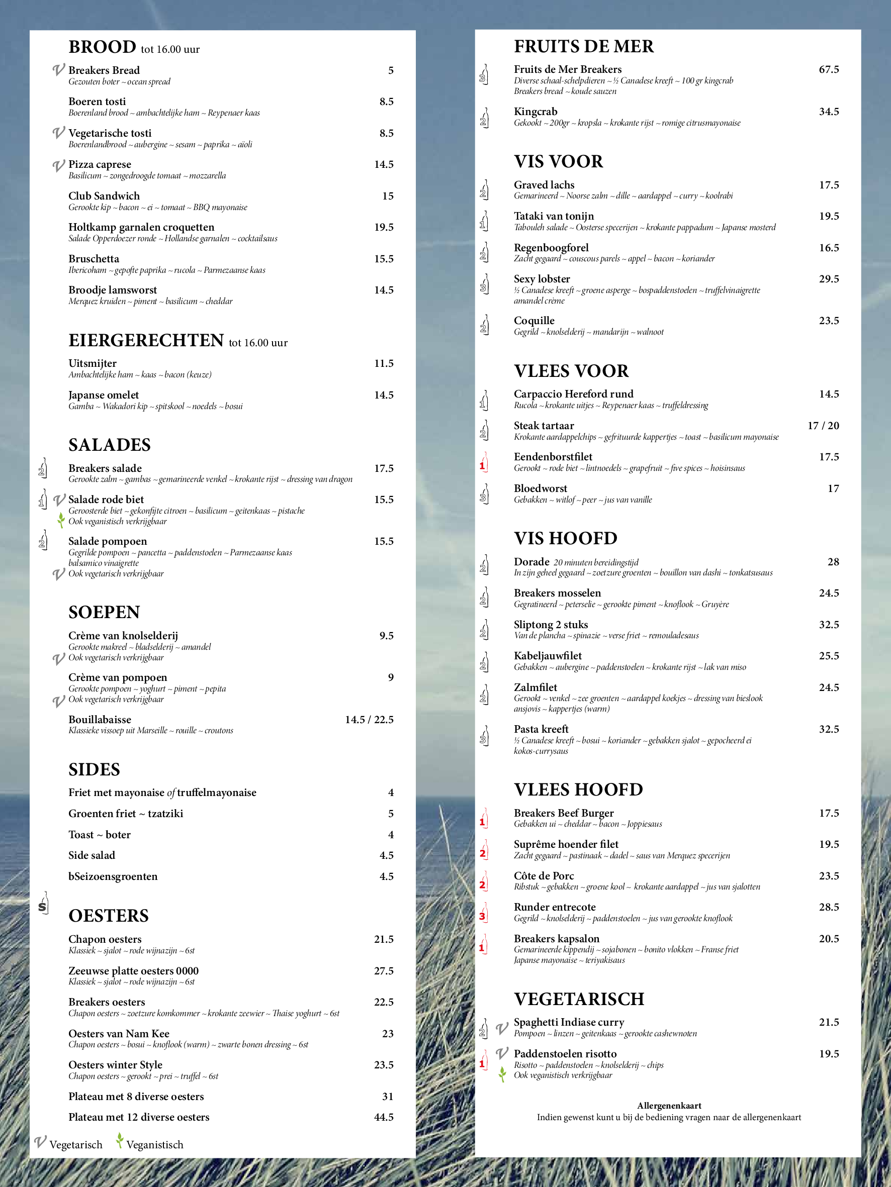 Menukaart Breakers Beach House, Noordwijk aan Zee Eet.nu