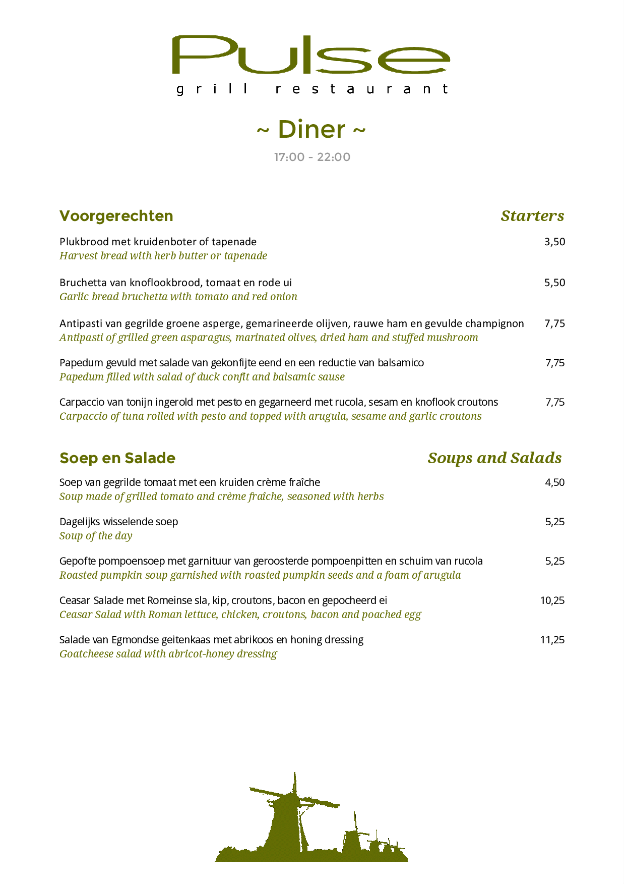 Diner menu Restaurant Pulse, Zaandam Eet.nu