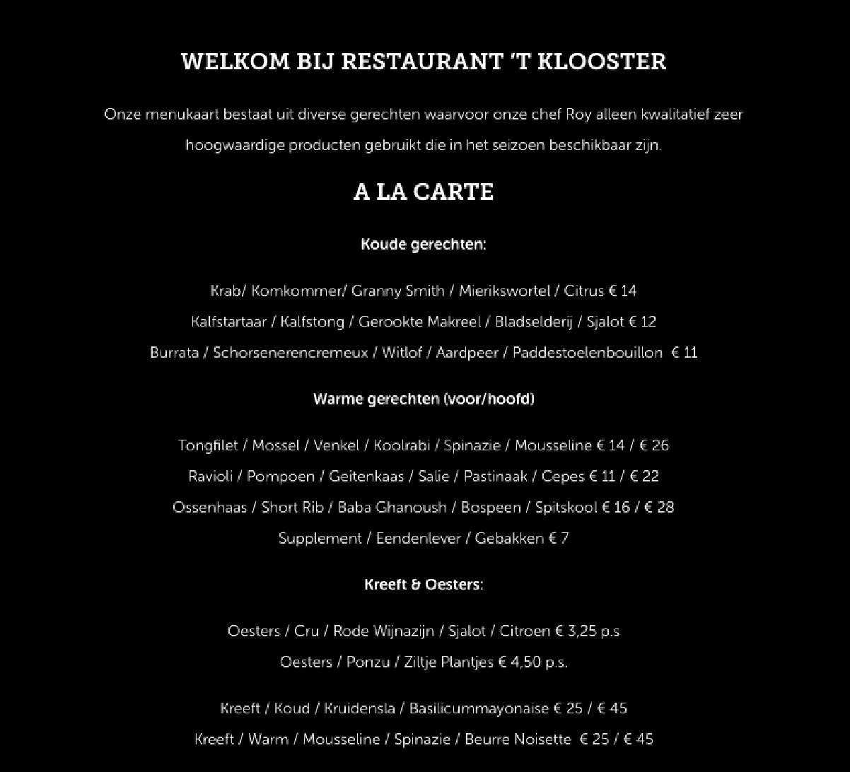 Menukaart 't Klooster, Wijk bij Duurstede