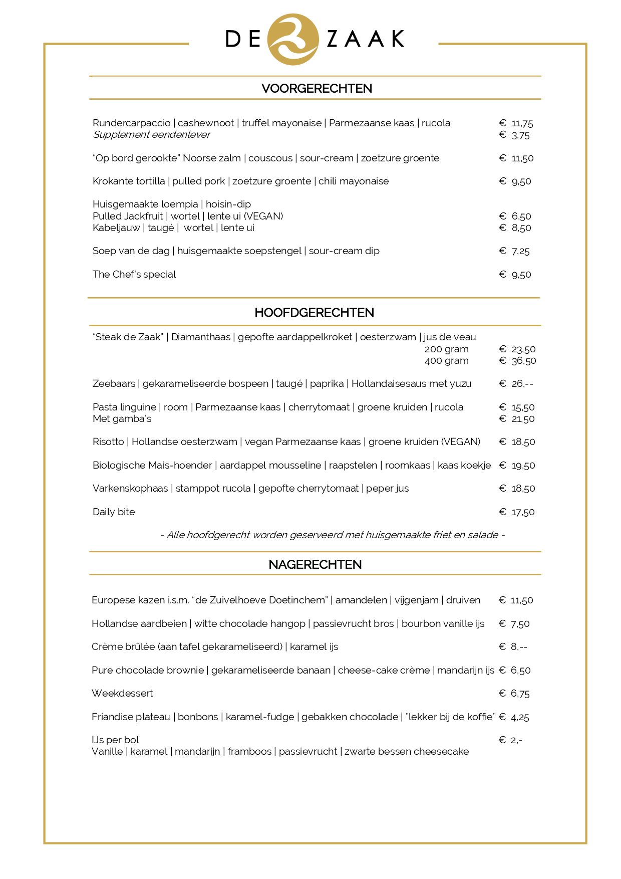 A la carte diner kaart Restaurant De Zaak, Doetinchem Eet.nu