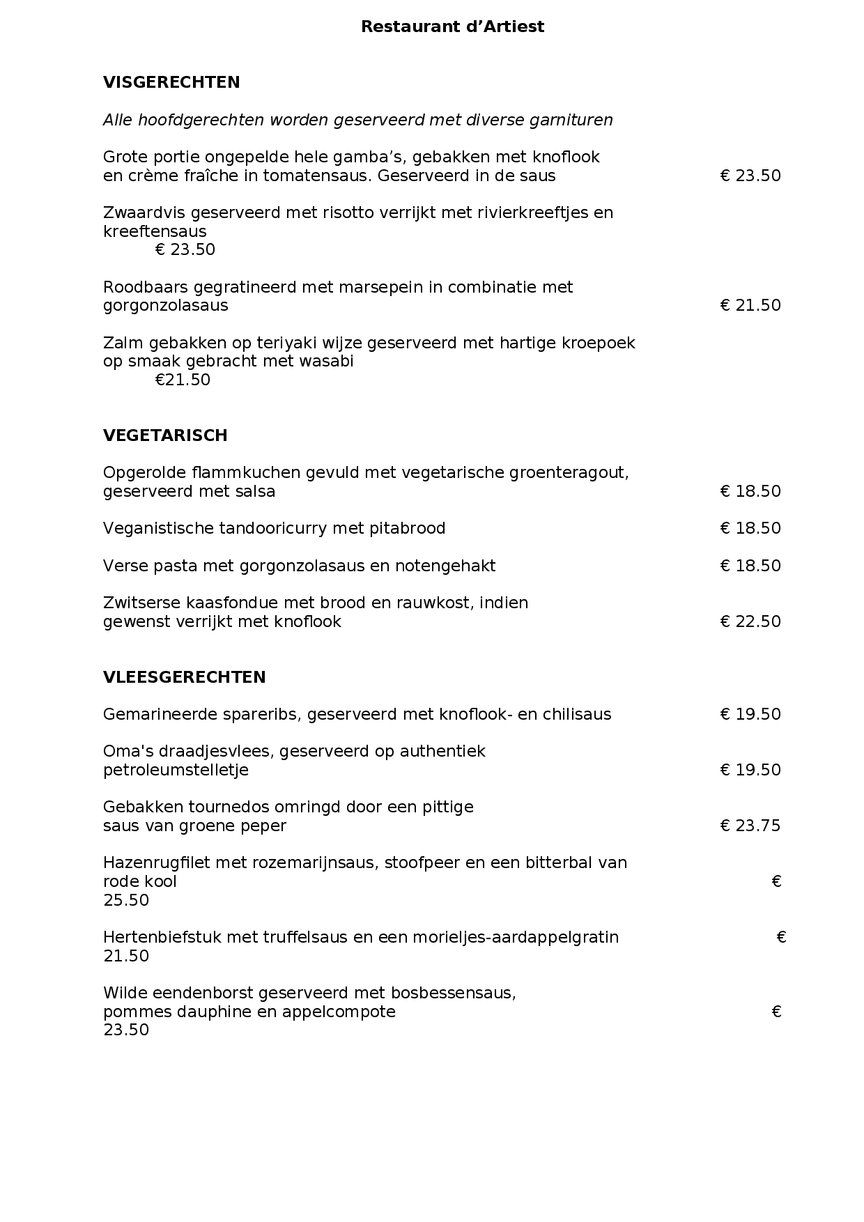 Menukaart buiten d'Artiest, Medemblik Eet.nu