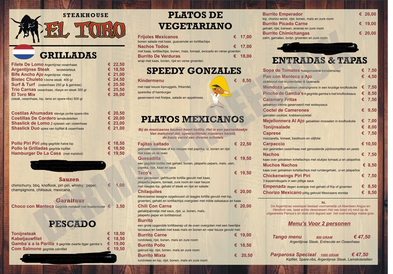 Menukaart El Toro, De Koog Eet.nu